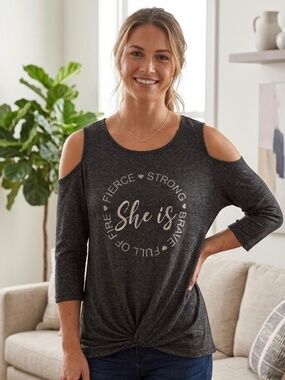 Ava James "She Is Fierce" Cold-Shoulder Twist-Knot Top L Boho Casual Chic Cozy